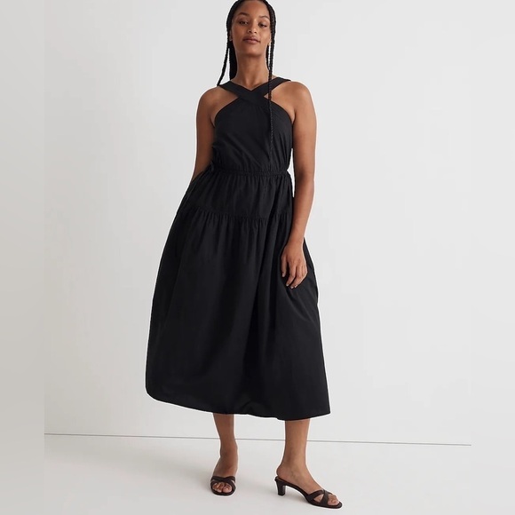 Madewell Dresses & Skirts - Madewell poplin halter Tiered Black Midi Dress NWT